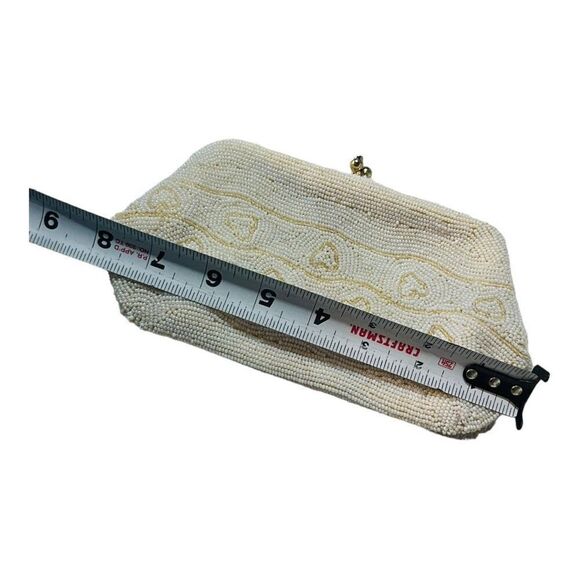1950s White Seed Bead Clutch, Geometric and Stripe, Evening Bag made in Japan - Picture 8 of 9
